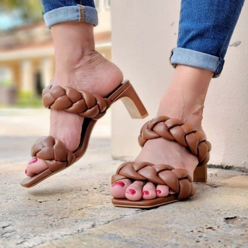 Women's Tan Double Braided Square Toe Mule Low Heel Sandal